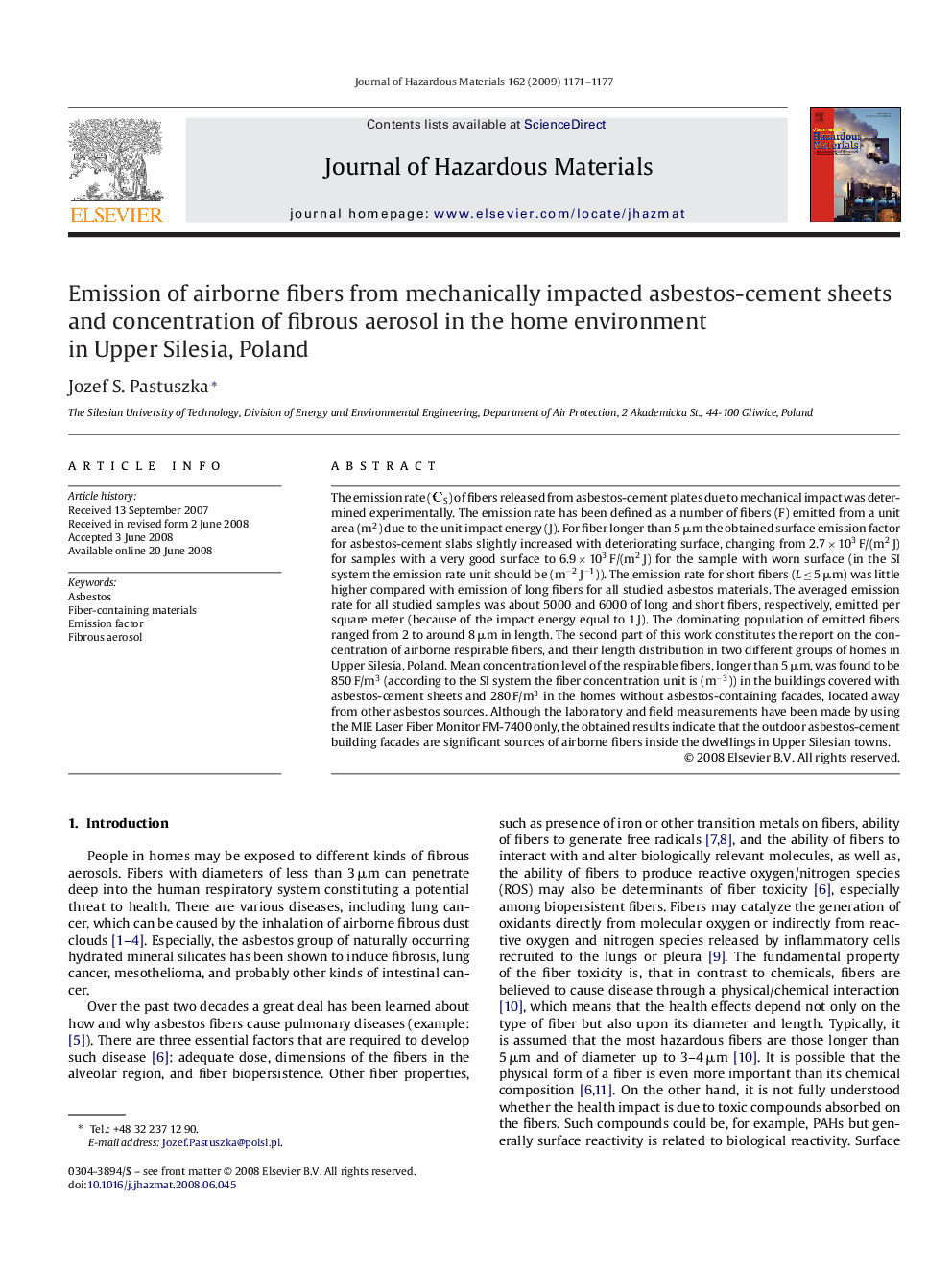 Emission of airborne fibers from mechanically impacted asbestos-cement sheets and concentration of fibrous aerosol in the home environment in Upper Silesia, Poland