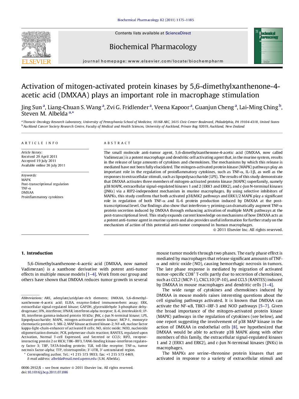 Activation of mitogen-activated protein kinases by 5,6-dimethylxanthenone-4-acetic acid (DMXAA) plays an important role in macrophage stimulation