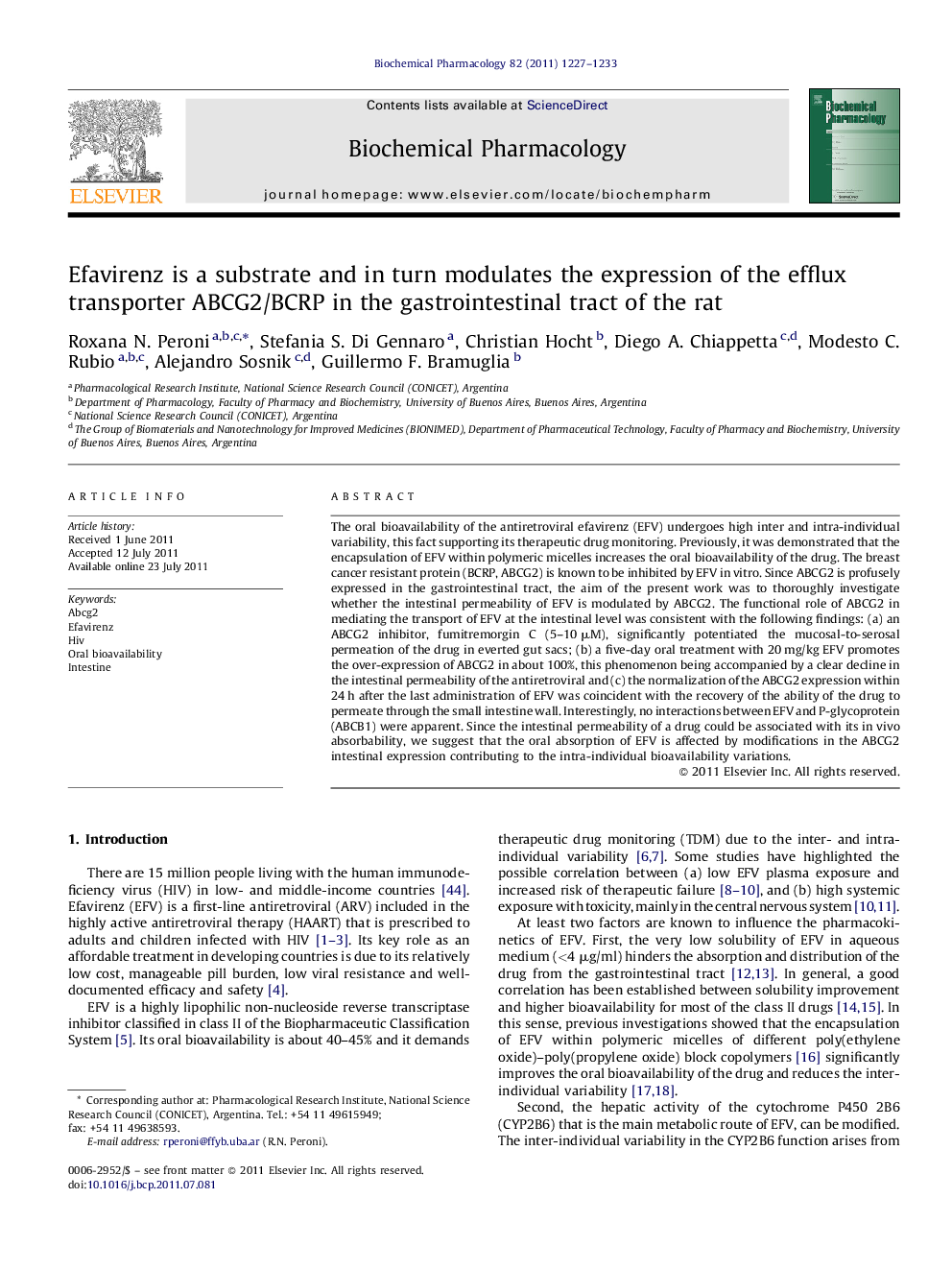 Efavirenz is a substrate and in turn modulates the expression of the efflux transporter ABCG2/BCRP in the gastrointestinal tract of the rat