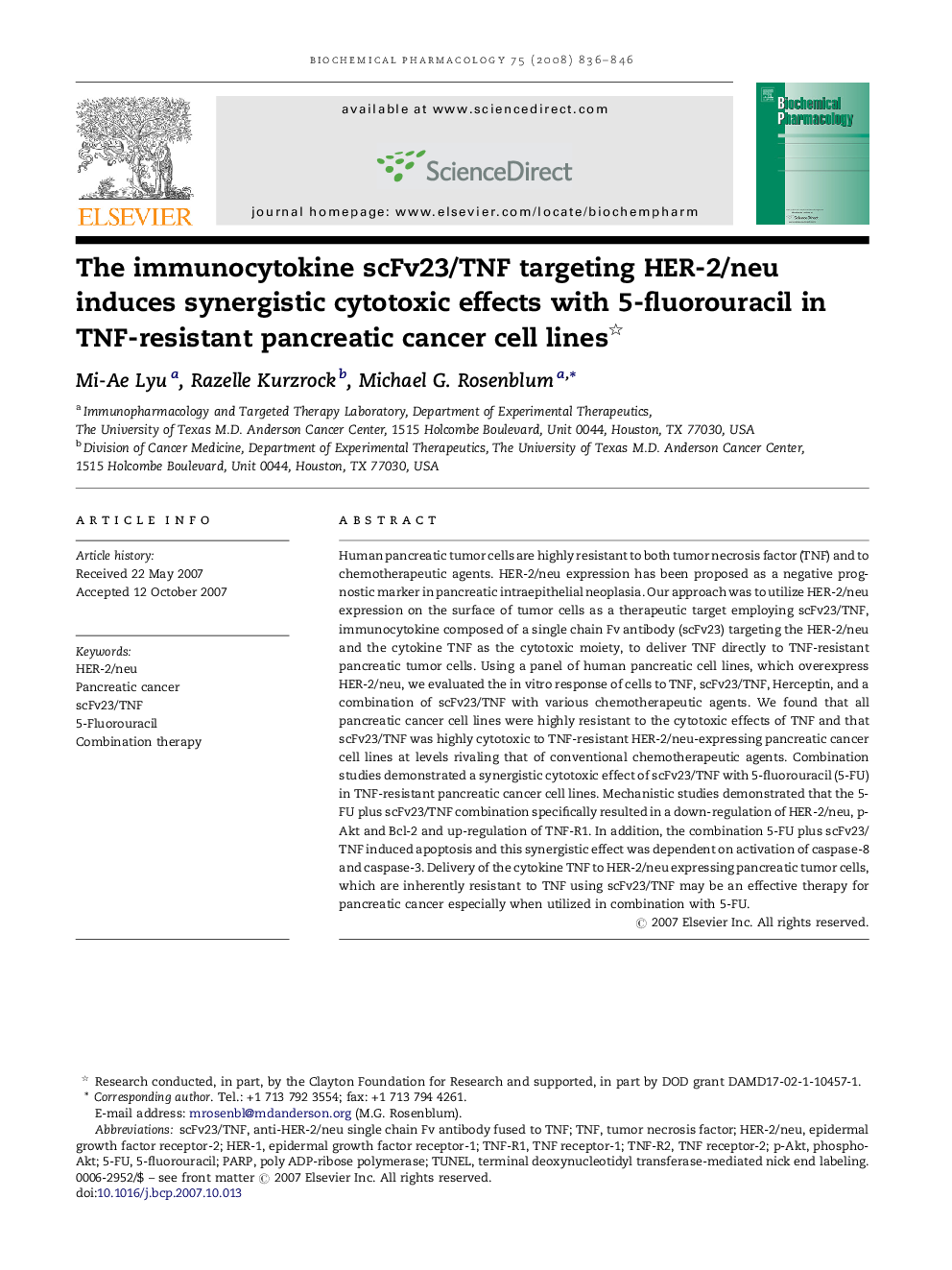 The immunocytokine scFv23/TNF targeting HER-2/neu induces synergistic cytotoxic effects with 5-fluorouracil in TNF-resistant pancreatic cancer cell lines