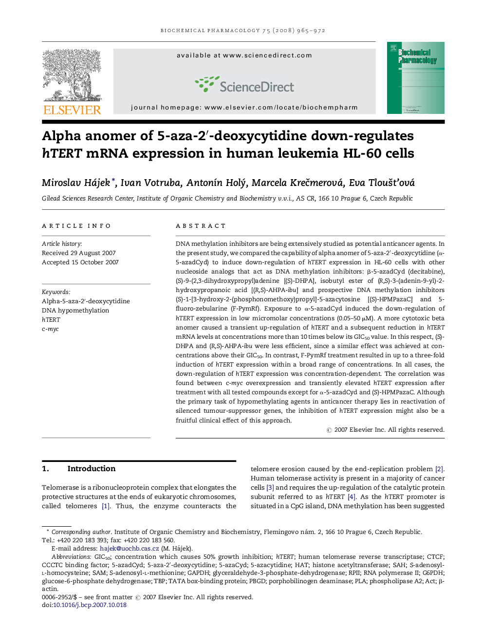 Alpha anomer of 5-aza-2â²-deoxycytidine down-regulates hTERT mRNA expression in human leukemia HL-60 cells