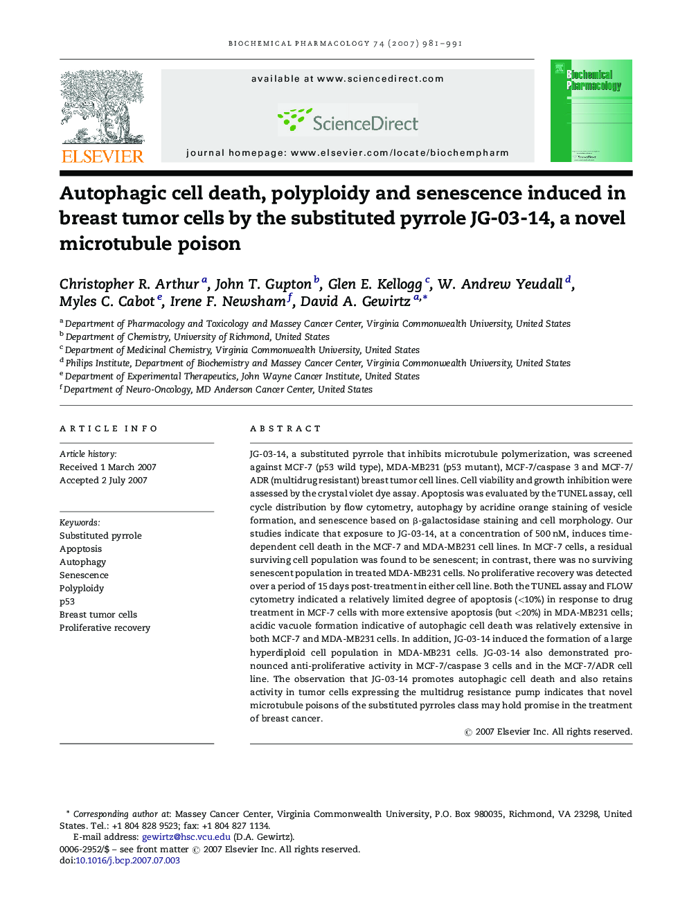 Autophagic cell death, polyploidy and senescence induced in breast tumor cells by the substituted pyrrole JG-03-14, a novel microtubule poison