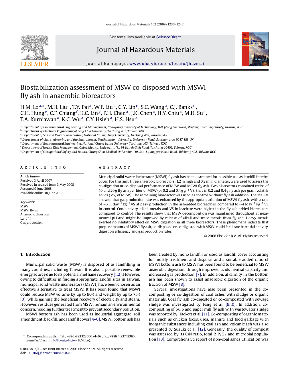 Biostabilization assessment of MSW co-disposed with MSWI fly ash in anaerobic bioreactors