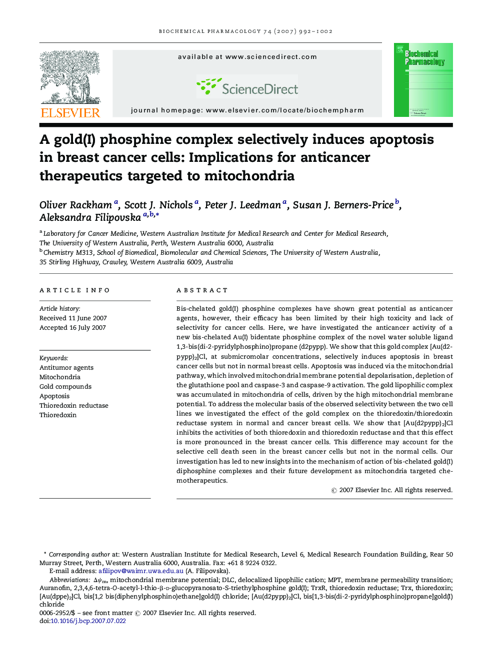 A gold(I) phosphine complex selectively induces apoptosis in breast cancer cells: Implications for anticancer therapeutics targeted to mitochondria