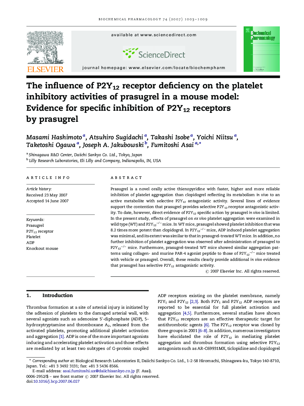 The influence of P2Y12 receptor deficiency on the platelet inhibitory activities of prasugrel in a mouse model: Evidence for specific inhibition of P2Y12 receptors by prasugrel