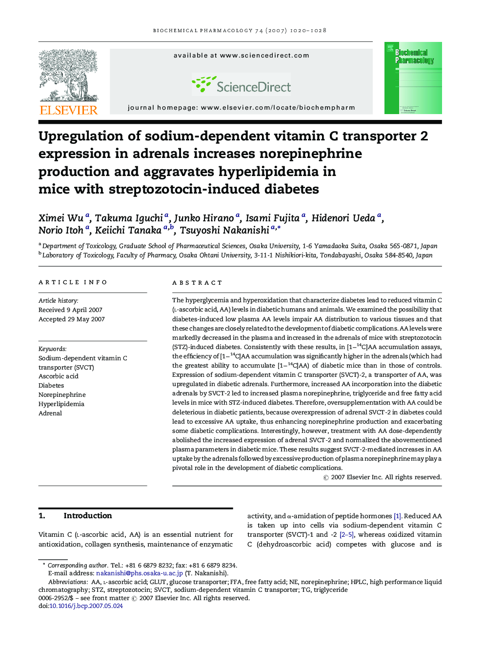 Upregulation of sodium-dependent vitamin C transporter 2 expression in adrenals increases norepinephrine production and aggravates hyperlipidemia in mice with streptozotocin-induced diabetes