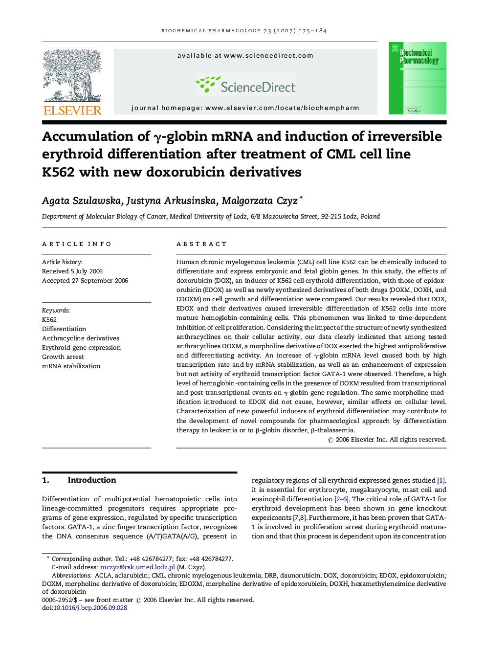 Accumulation of Î³-globin mRNA and induction of irreversible erythroid differentiation after treatment of CML cell line K562 with new doxorubicin derivatives