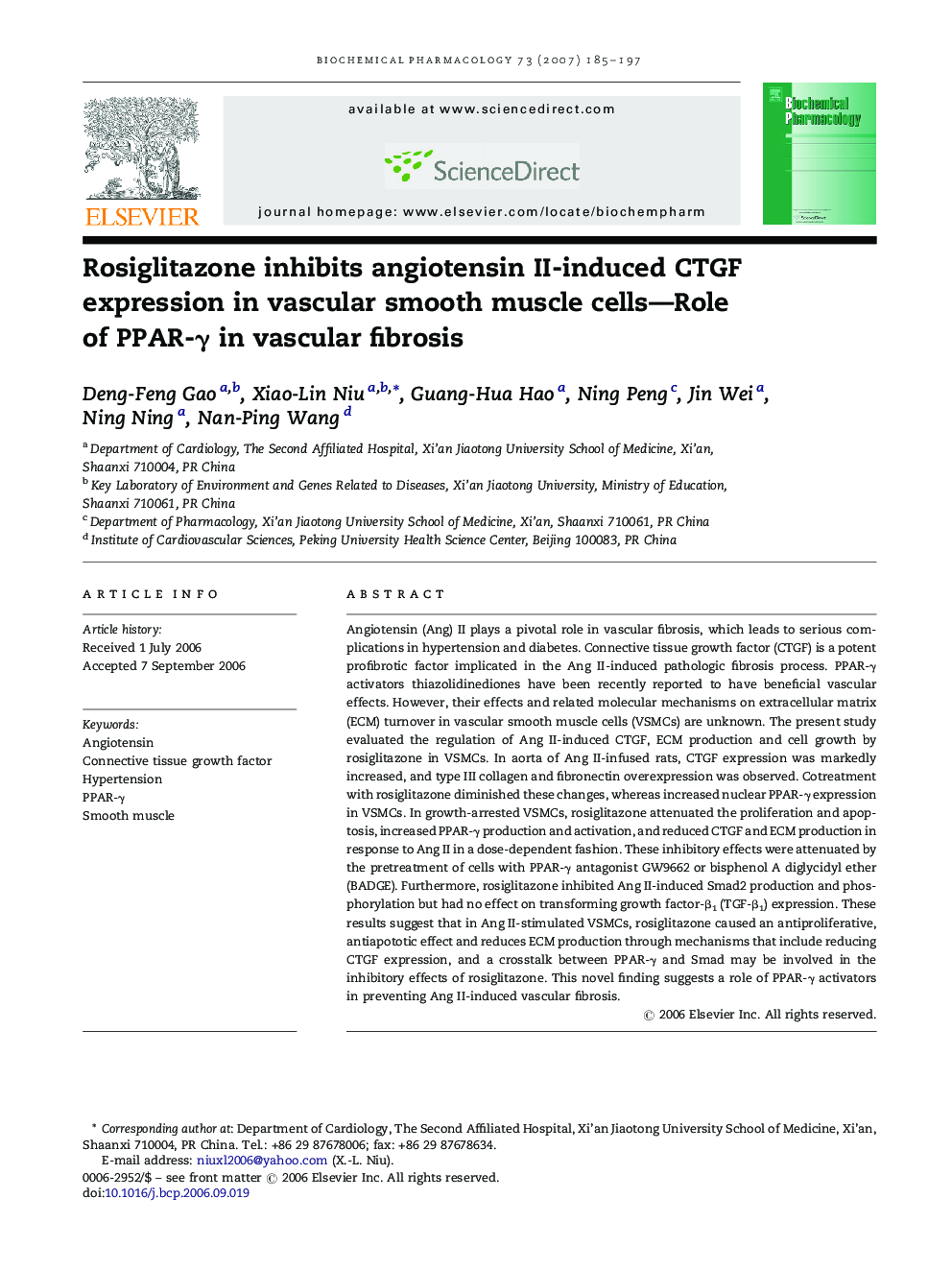 Rosiglitazone inhibits angiotensin II-induced CTGF expression in vascular smooth muscle cells--Role of PPAR-Î³ in vascular fibrosis