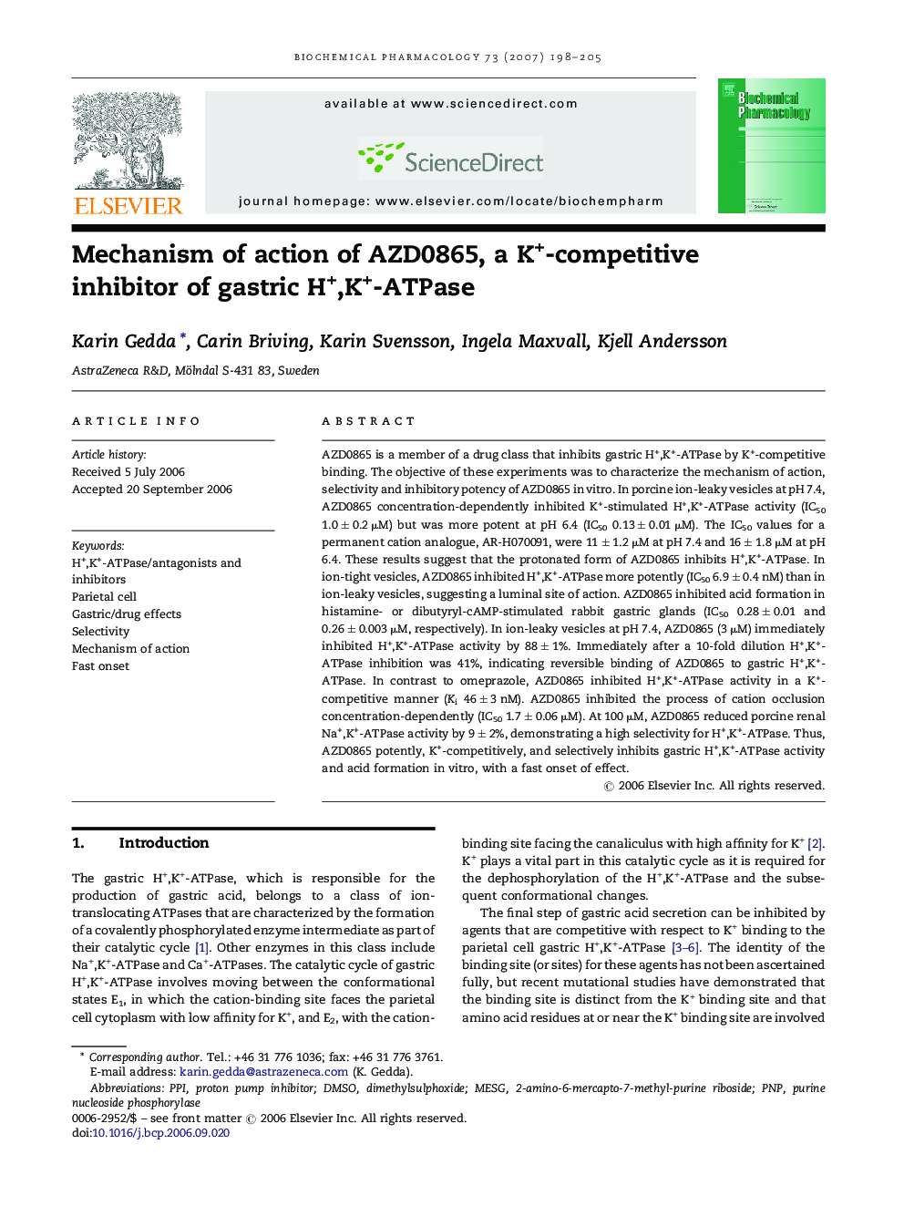 Mechanism of action of AZD0865, a K+-competitive inhibitor of gastric H+,K+-ATPase