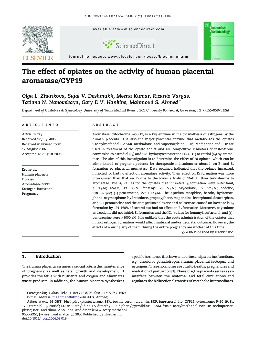 The effect of opiates on the activity of human placental aromatase/CYP19