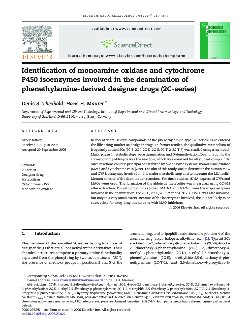 Identification of monoamine oxidase and cytochrome P450 isoenzymes involved in the deamination of phenethylamine-derived designer drugs (2C-series)