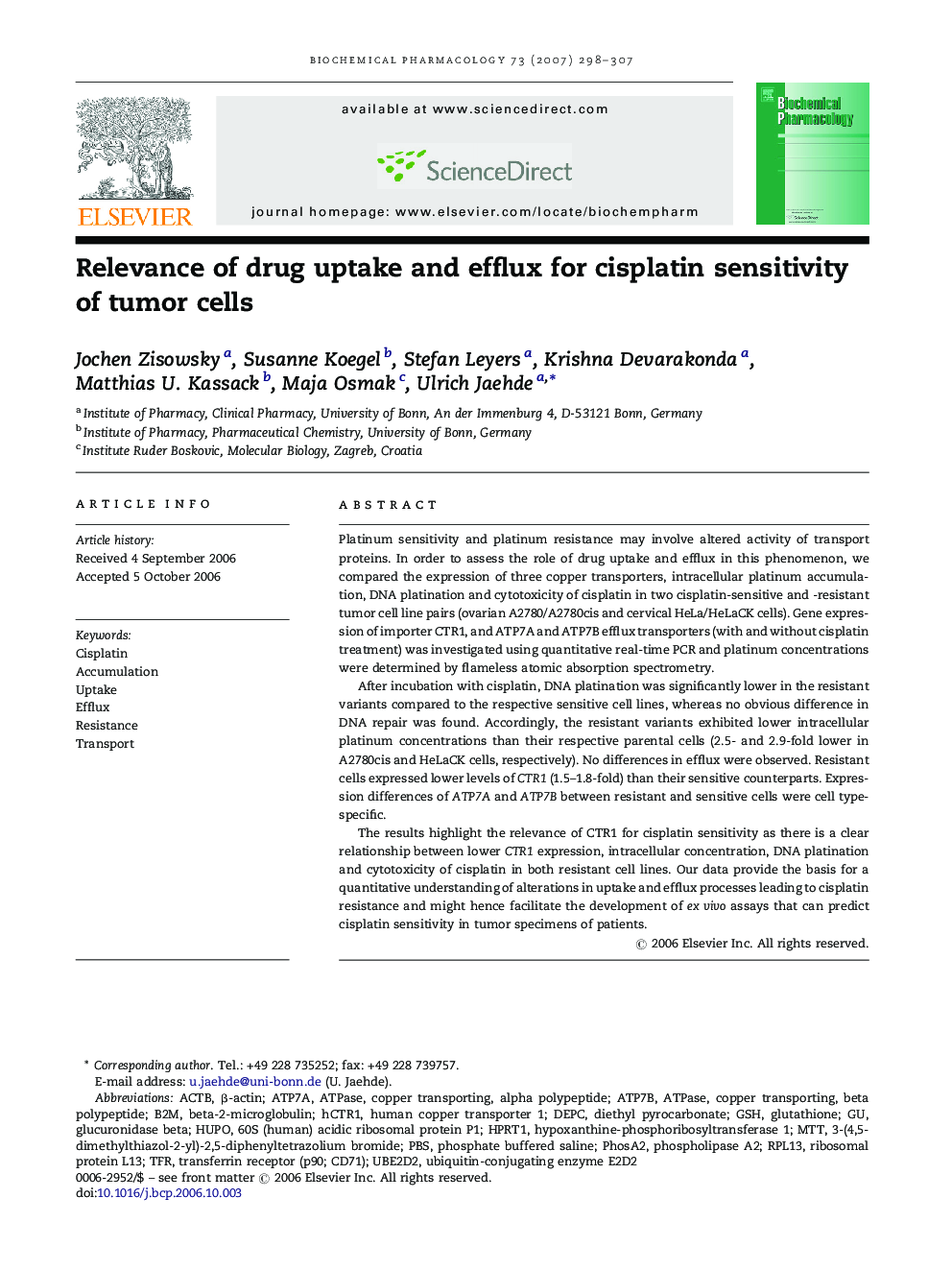 Relevance of drug uptake and efflux for cisplatin sensitivity of tumor cells