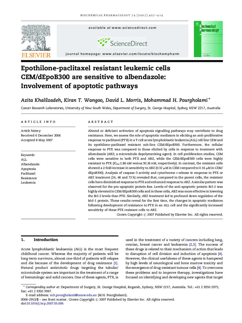 Epothilone-paclitaxel resistant leukemic cells CEM/dEpoB300 are sensitive to albendazole: Involvement of apoptotic pathways