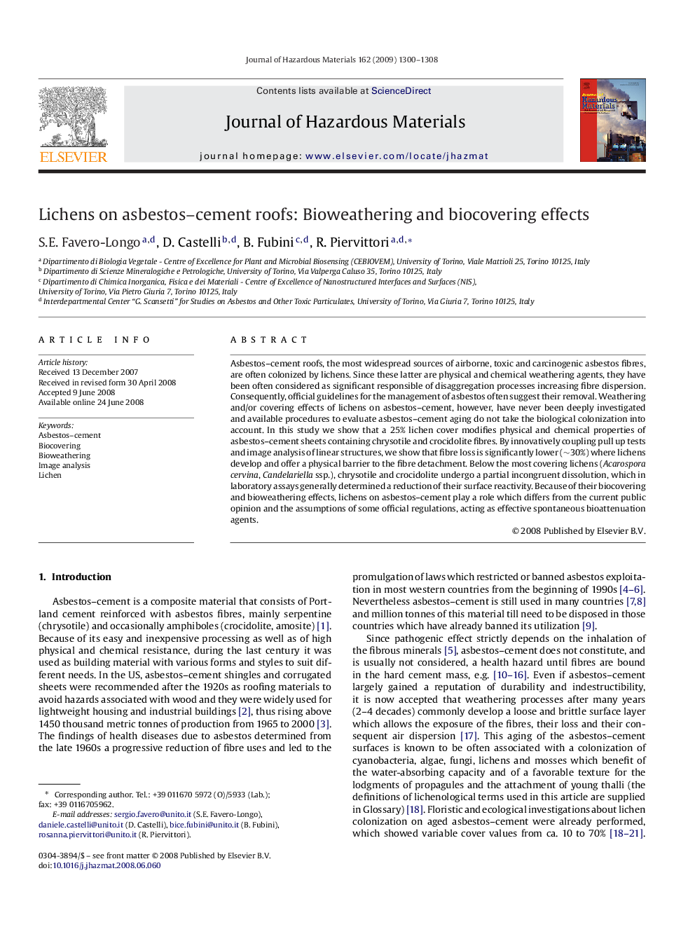 Lichens on asbestos-cement roofs: Bioweathering and biocovering effects