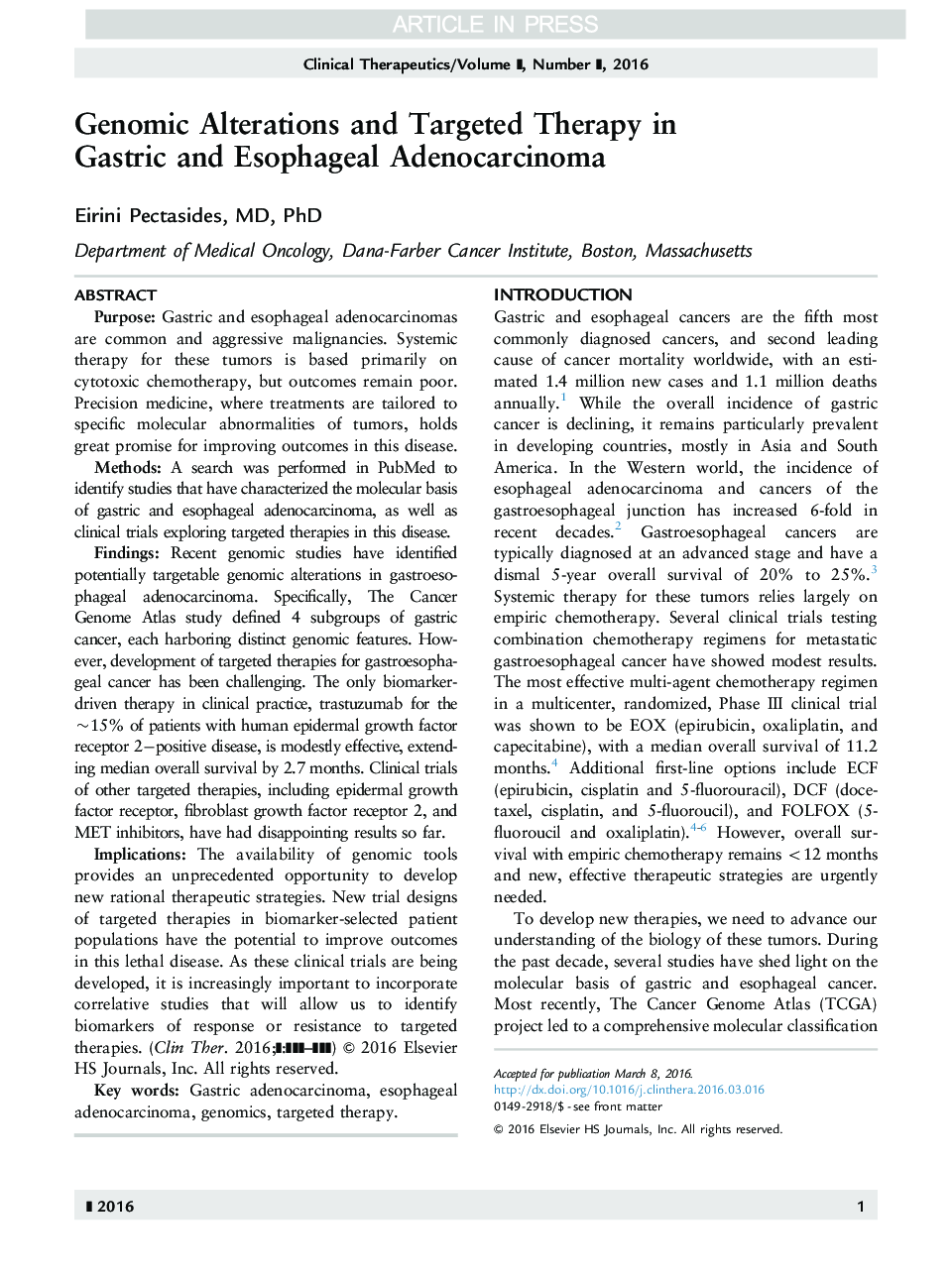 Genomic Alterations and Targeted Therapy in Gastric and Esophageal Adenocarcinoma