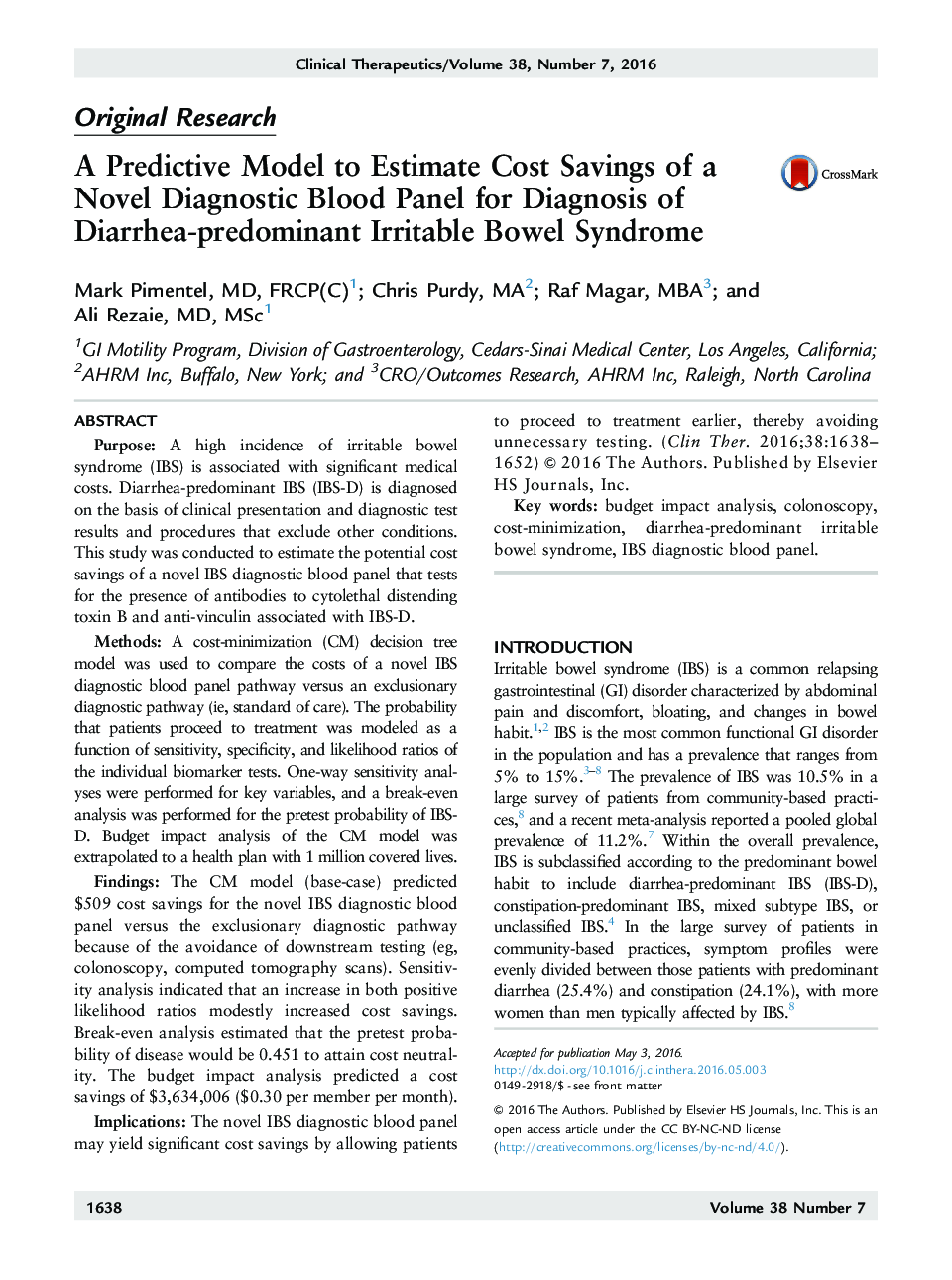 A Predictive Model to Estimate Cost Savings of a Novel Diagnostic Blood Panel for Diagnosis of Diarrhea-predominant Irritable Bowel Syndrome