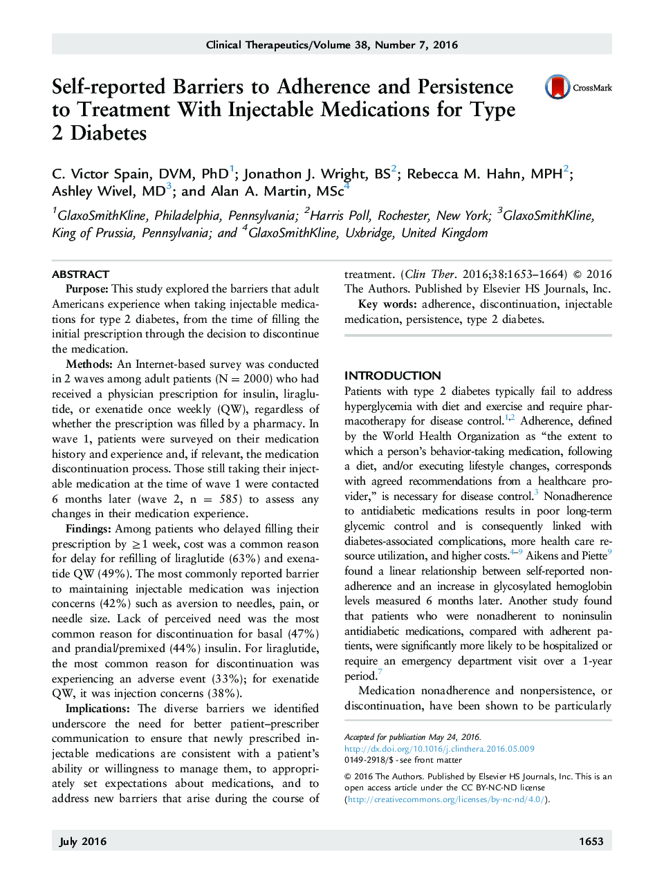 Self-reported Barriers to Adherence and Persistence to Treatment With Injectable Medications for Type 2 Diabetes