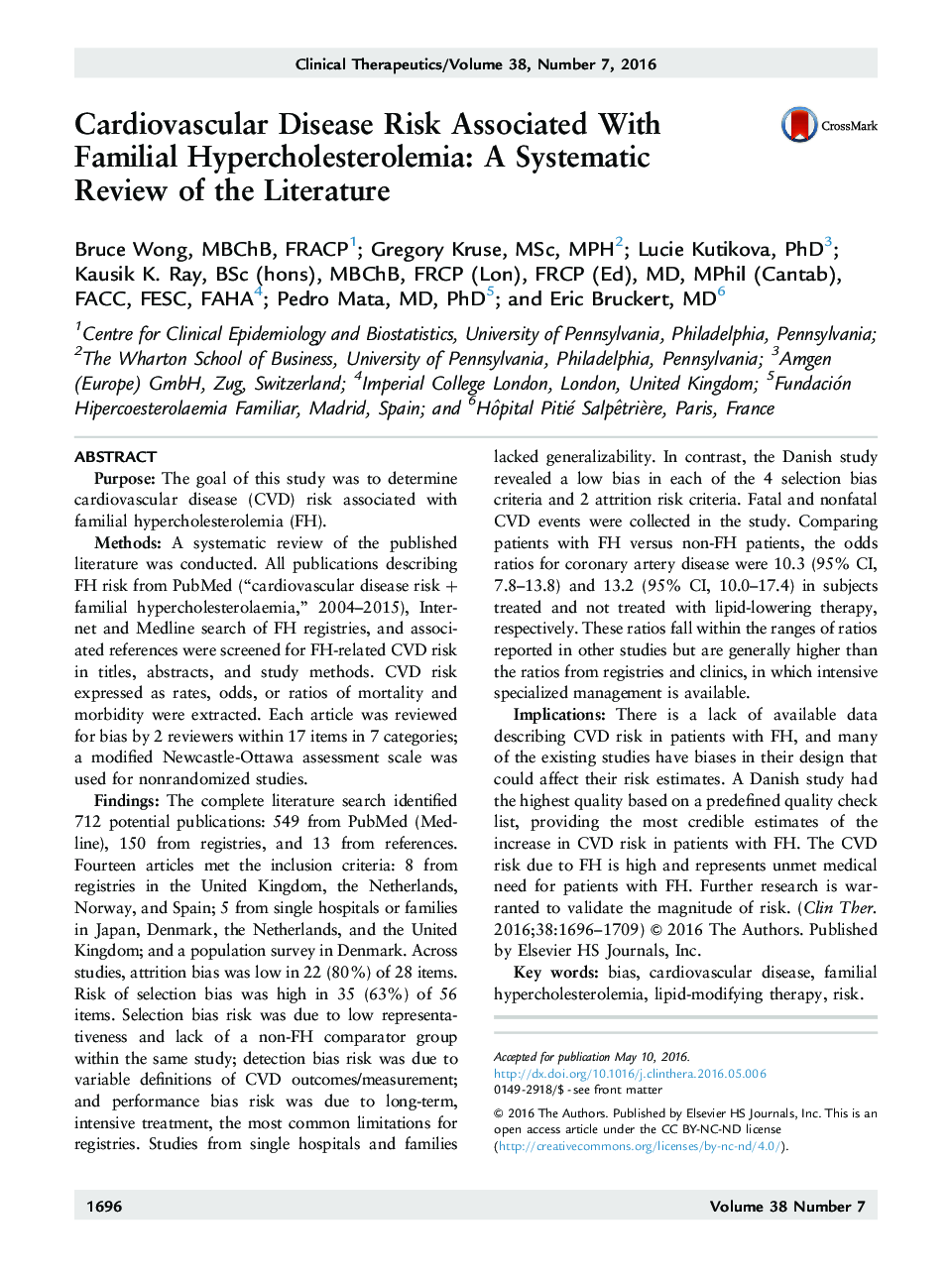 Cardiovascular Disease Risk Associated With Familial Hypercholesterolemia: A Systematic Review of the Literature