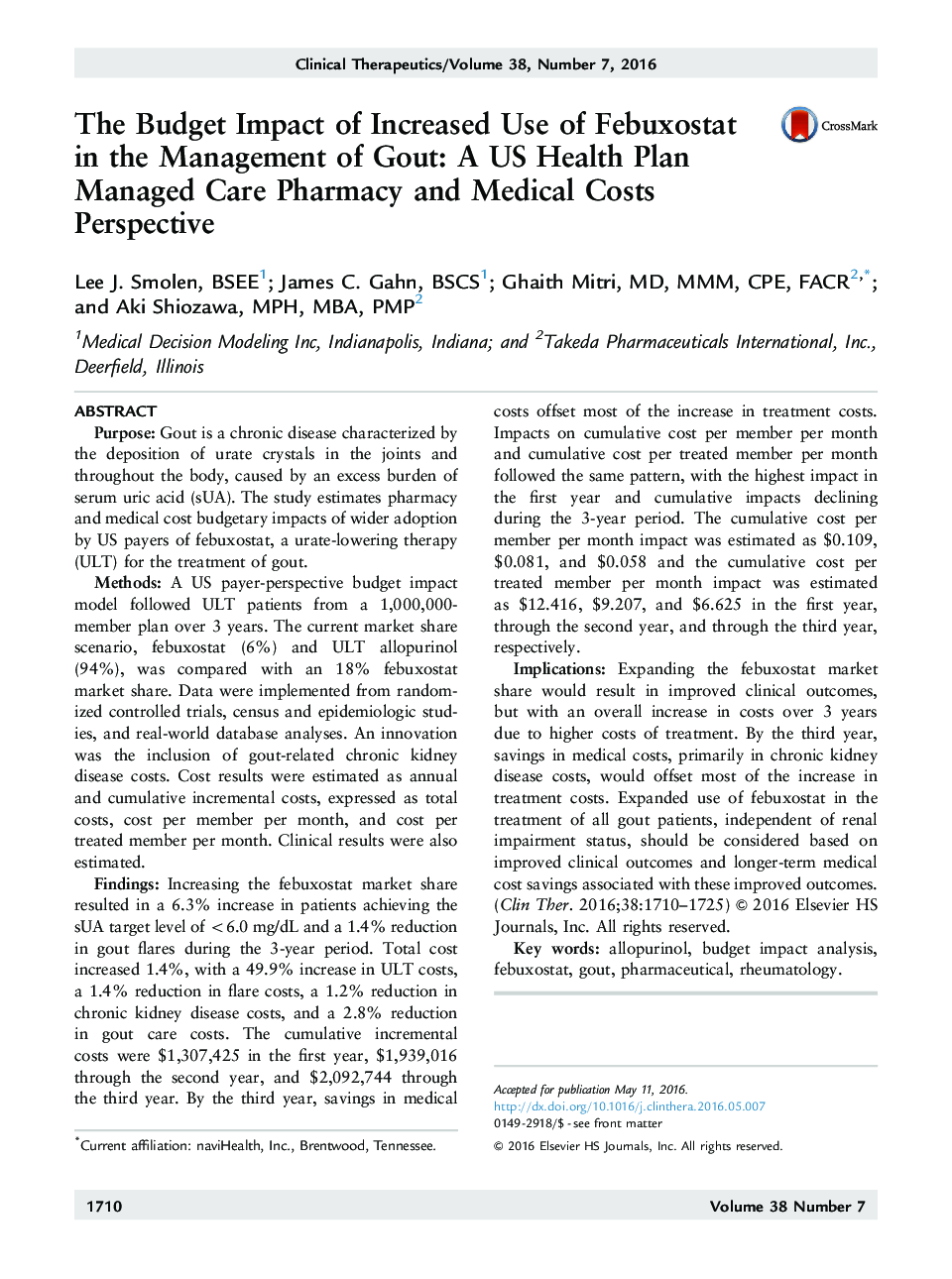 The Budget Impact of Increased Use of Febuxostat in the Management of Gout: A US Health Plan Managed Care Pharmacy and Medical Costs Perspective