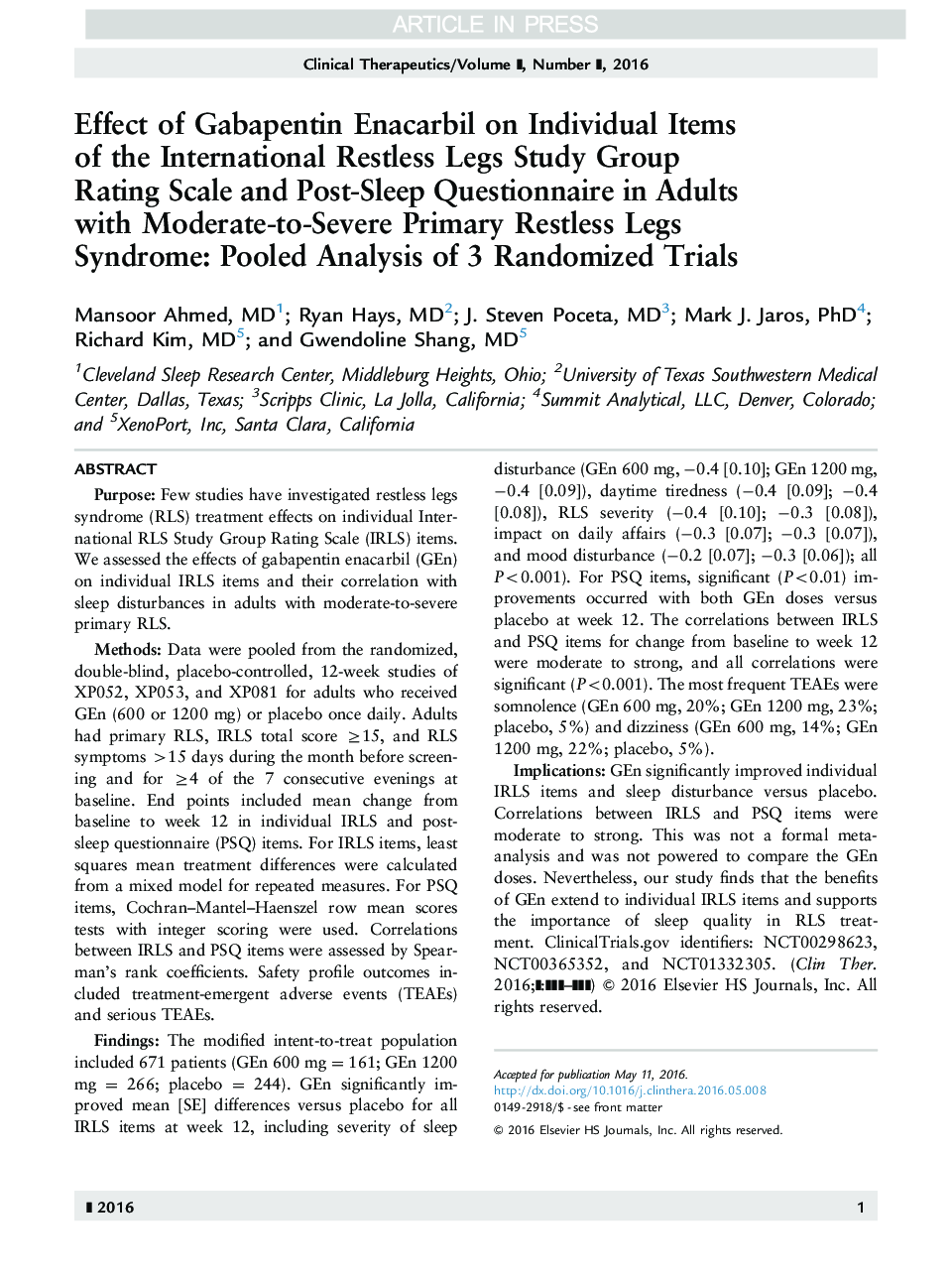 Effect of Gabapentin Enacarbil on Individual Items of the International Restless Legs Study Group Rating Scale and Post-sleep Questionnaire in Adults with Moderate-to-Severe Primary Restless Legs Syndrome: Pooled Analysis of 3 Randomized Trials