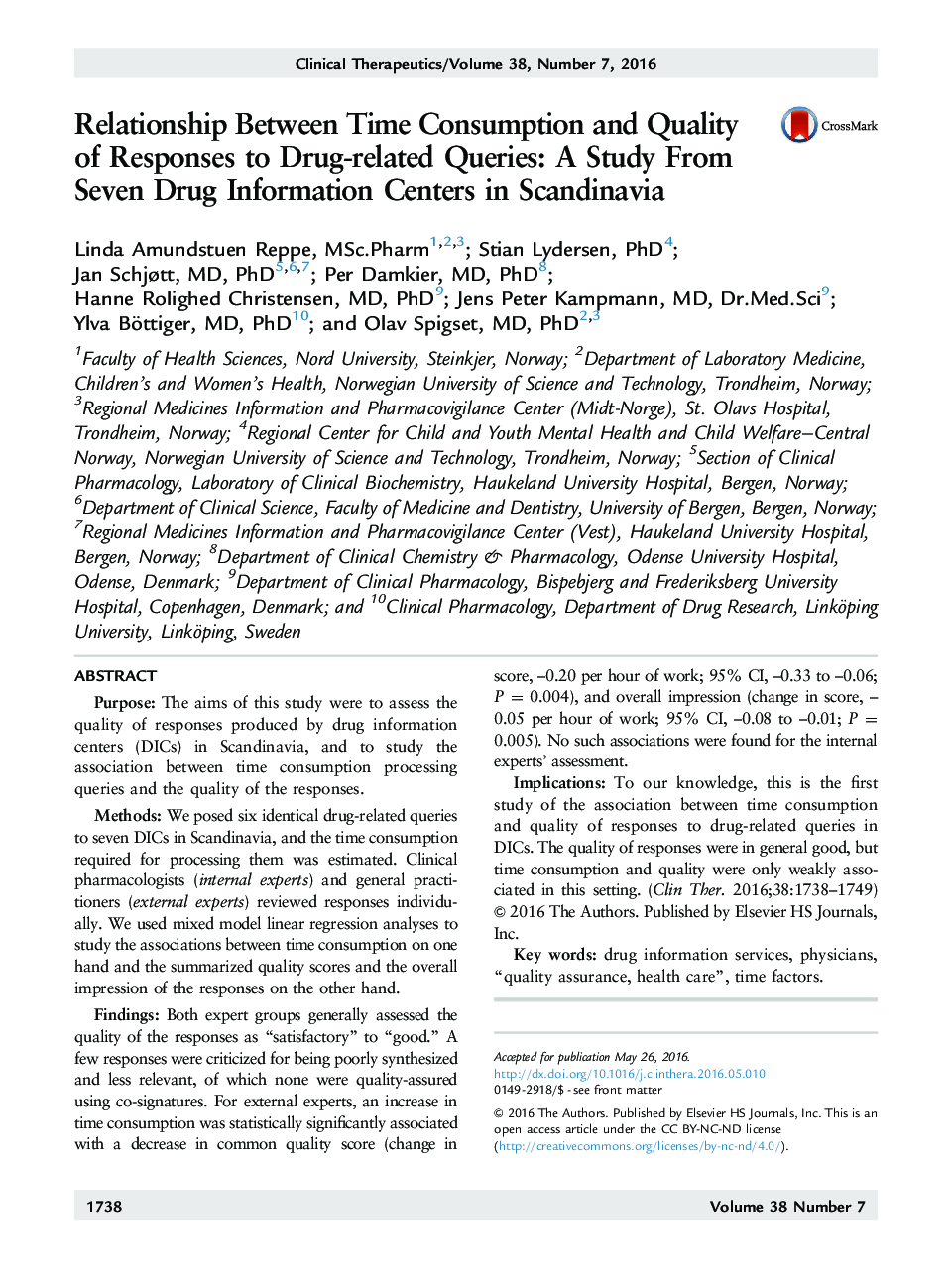 Relationship Between Time Consumption and Quality of Responses to Drug-related Queries: A Study From Seven Drug Information Centers in Scandinavia