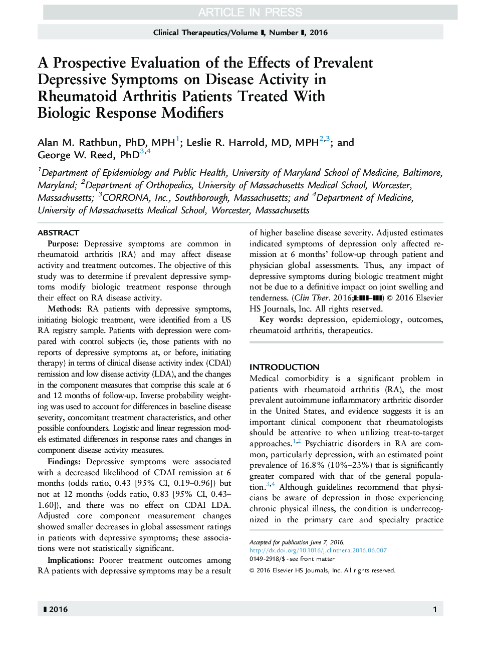 A Prospective Evaluation of the Effects of Prevalent Depressive Symptoms on Disease Activity in Rheumatoid Arthritis Patients Treated With Biologic Response Modifiers