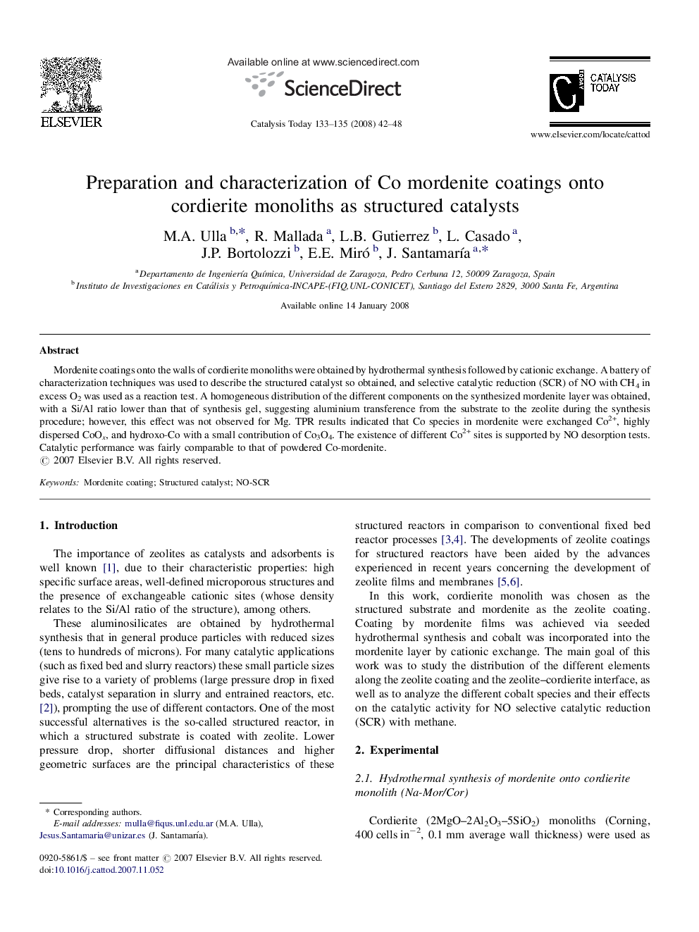 Preparation and characterization of Co mordenite coatings onto cordierite monoliths as structured catalysts