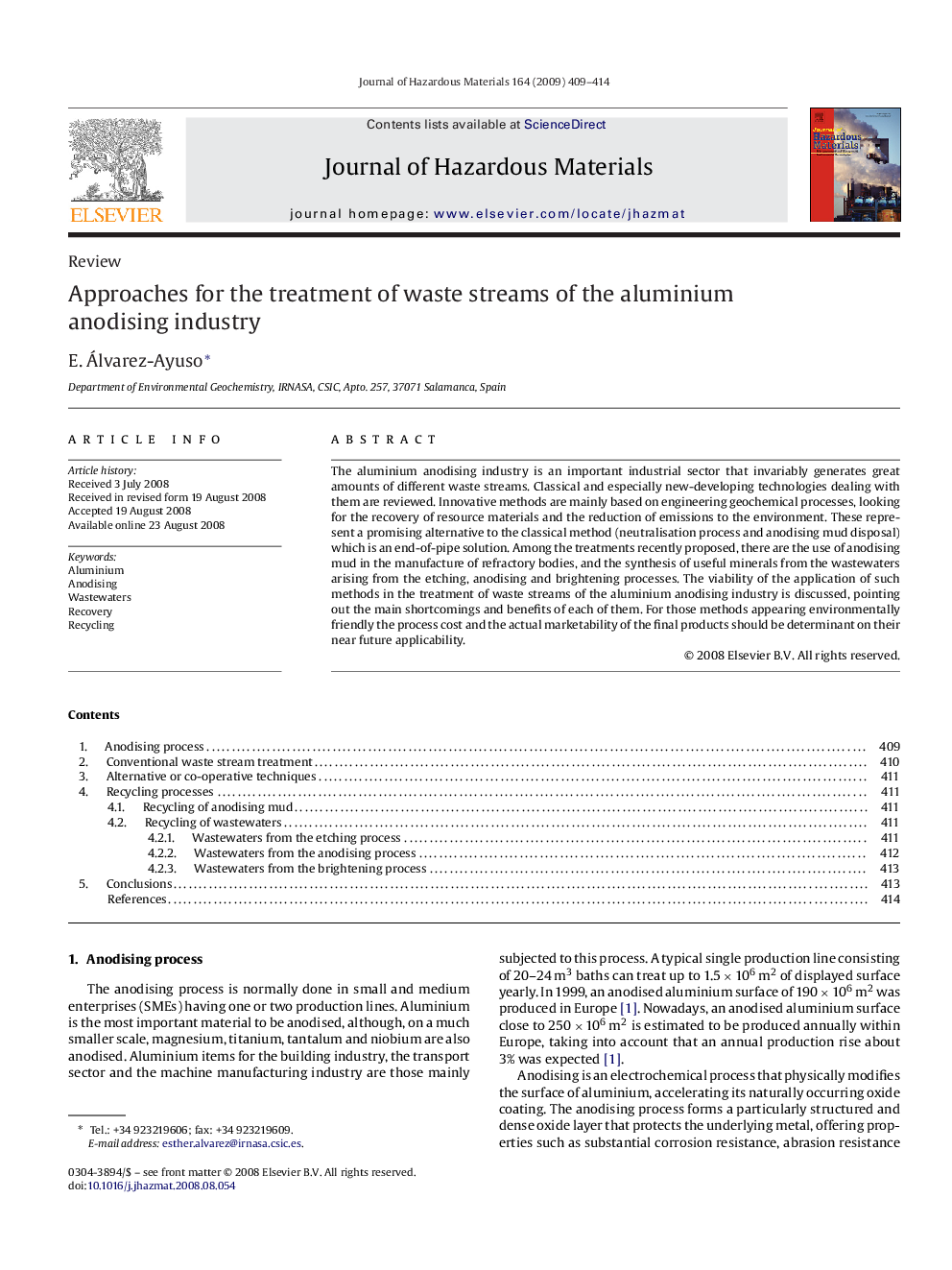 Approaches for the treatment of waste streams of the aluminium anodising industry