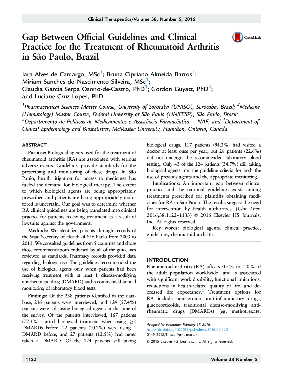 Gap Between Official Guidelines and Clinical Practice for the Treatment of Rheumatoid Arthritis in SÃ£o Paulo, Brazil