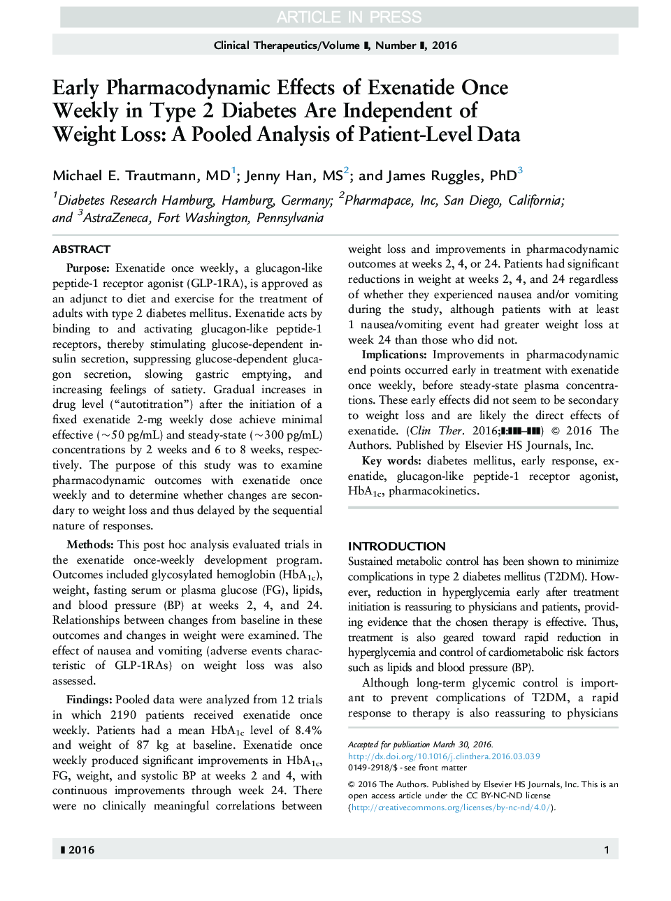 Early Pharmacodynamic Effects of Exenatide Once Weekly in Type 2 Diabetes Are Independent of Weight Loss: A Pooled Analysis of Patient-level Data