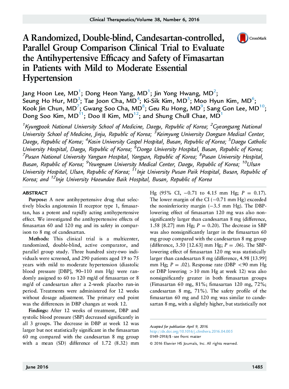 A Randomized, Double-blind, Candesartan-controlled, Parallel Group Comparison Clinical Trial to Evaluate the Antihypertensive Efficacy and Safety of Fimasartan in Patients with Mild to Moderate Essential Hypertension