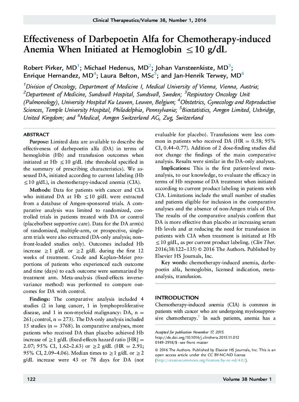 Effectiveness of Darbepoetin Alfa for Chemotherapy-induced Anemia When Initiated at Hemoglobin â¤10 g/dL