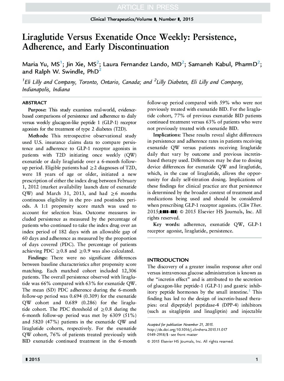 Liraglutide Versus Exenatide Once Weekly: Persistence, Adherence, and Early Discontinuation