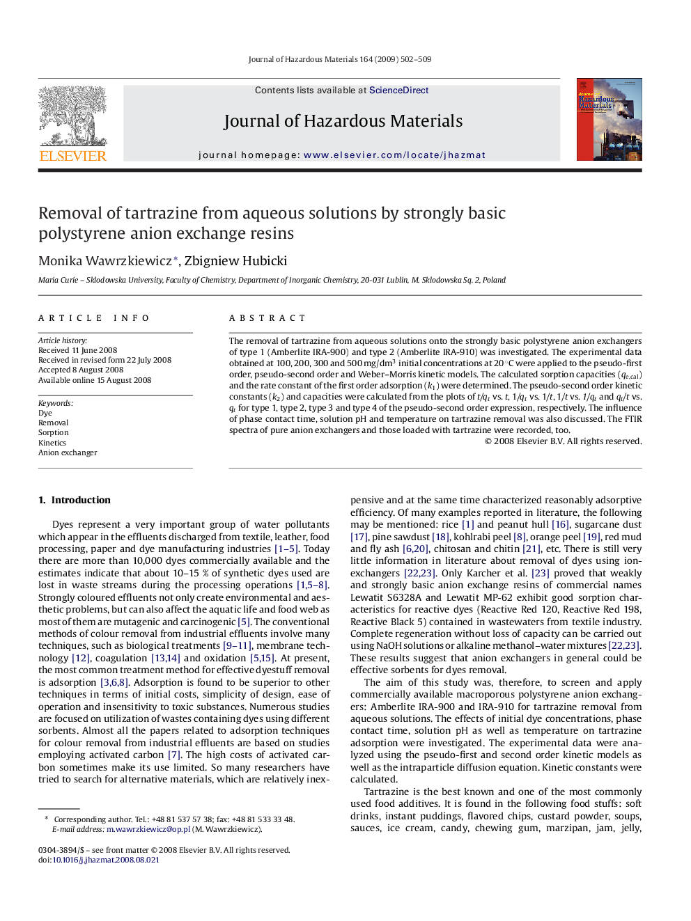 Removal of tartrazine from aqueous solutions by strongly basic polystyrene anion exchange resins