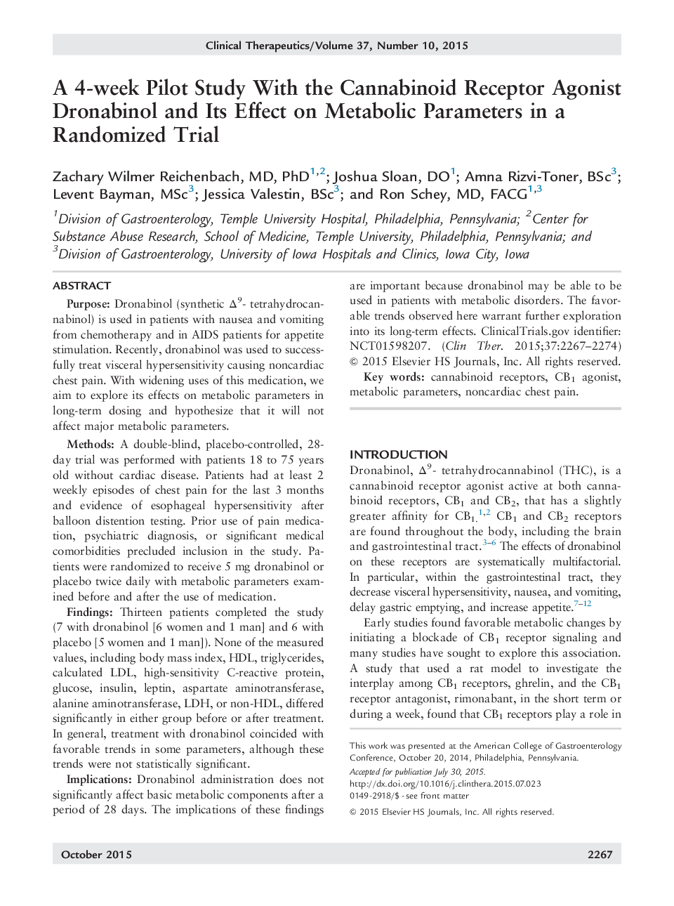 A 4-week Pilot Study With the Cannabinoid Receptor Agonist Dronabinol and Its Effect on Metabolic Parameters in a Randomized Trial