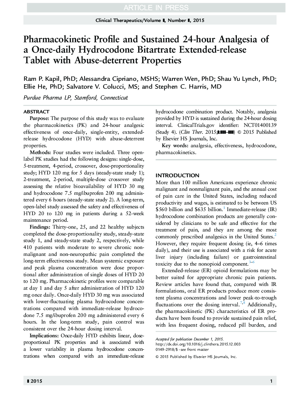 Pharmacokinetic Profile and Sustained 24-hour Analgesia of a Once-daily Hydrocodone Bitartrate Extended-release Tablet with Abuse-deterrent Properties