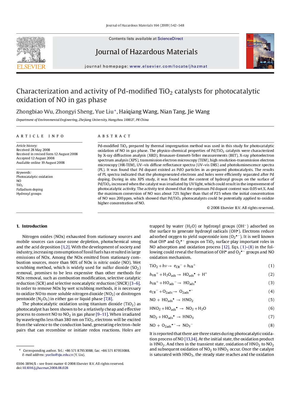 Characterization and activity of Pd-modified TiO2 catalysts for photocatalytic oxidation of NO in gas phase