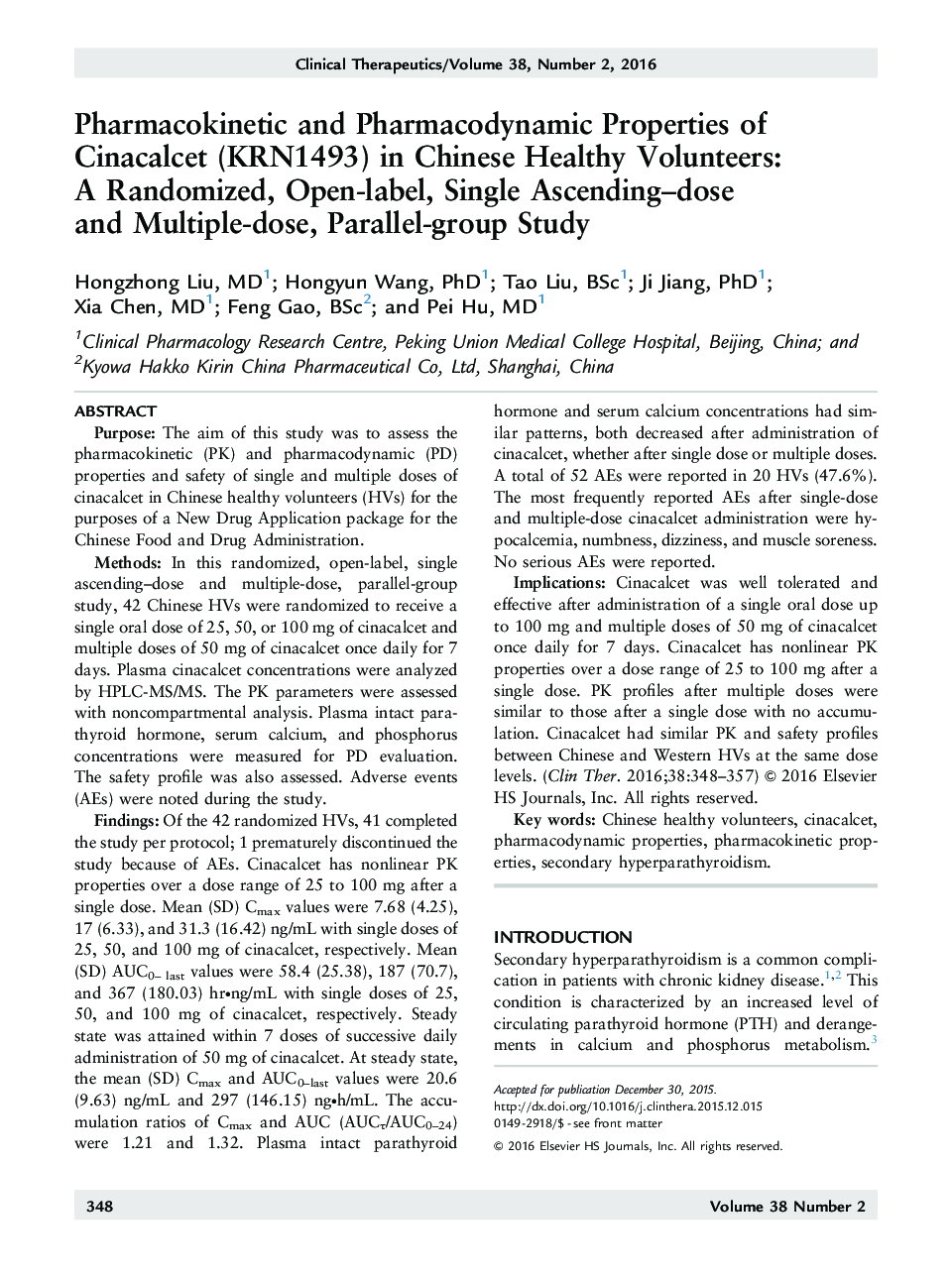 Pharmacokinetic and Pharmacodynamic Properties of Cinacalcet (KRN1493) in Chinese Healthy Volunteers: A Randomized, Open-label, Single Ascending-dose and Multiple-dose, Parallel-group Study