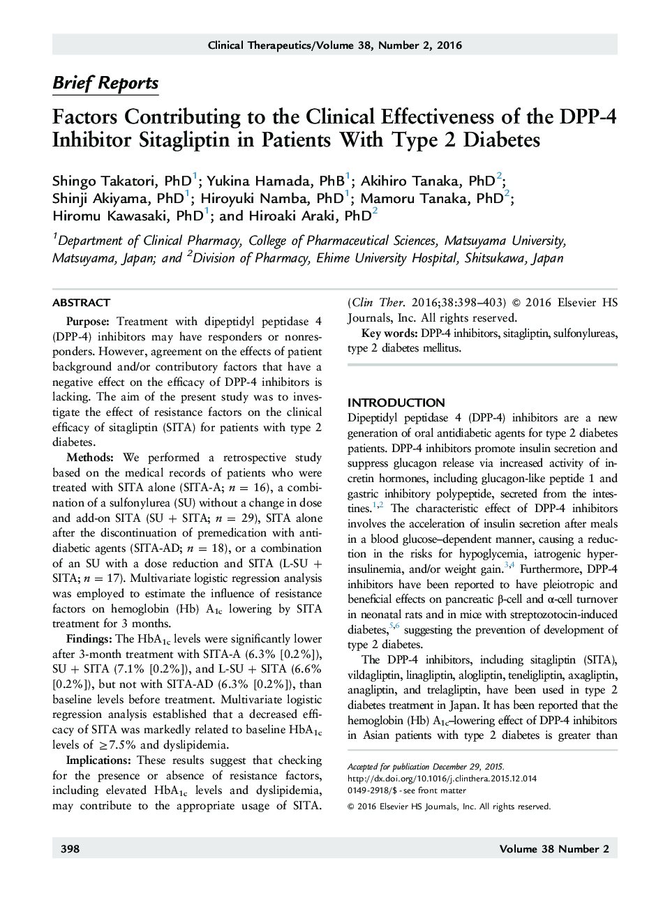 Brief ReportsFactors Contributing to the Clinical Effectiveness of the DPP-4 Inhibitor Sitagliptin in Patients With Type 2 Diabetes