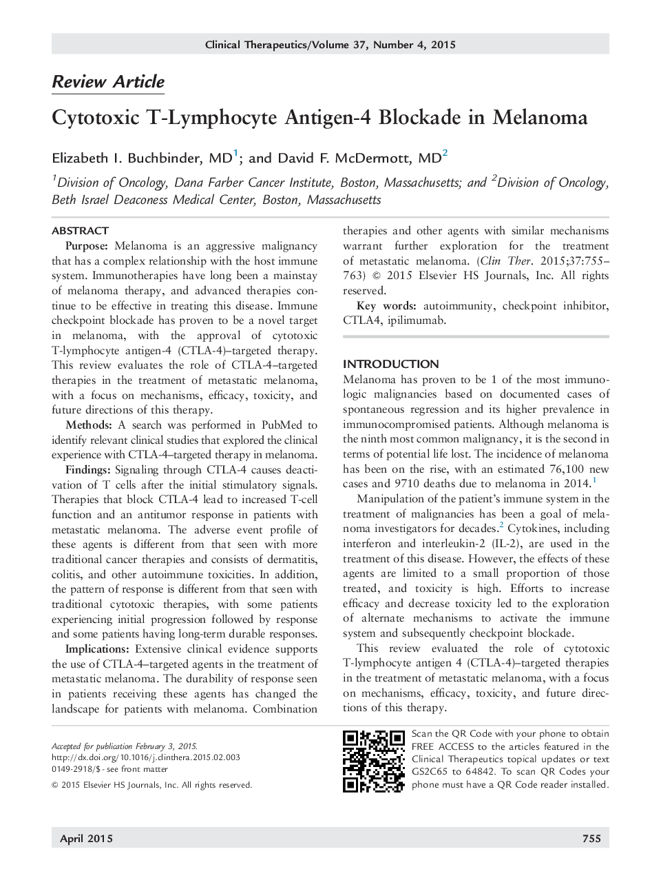 Cytotoxic T-Lymphocyte Antigen-4 Blockade in Melanoma