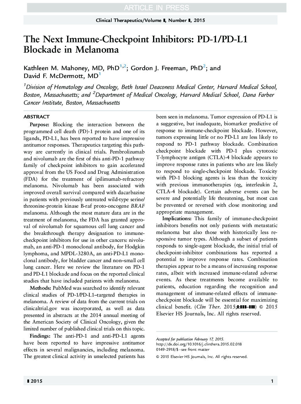 The Next Immune-Checkpoint Inhibitors: PD-1/PD-L1 Blockade in Melanoma