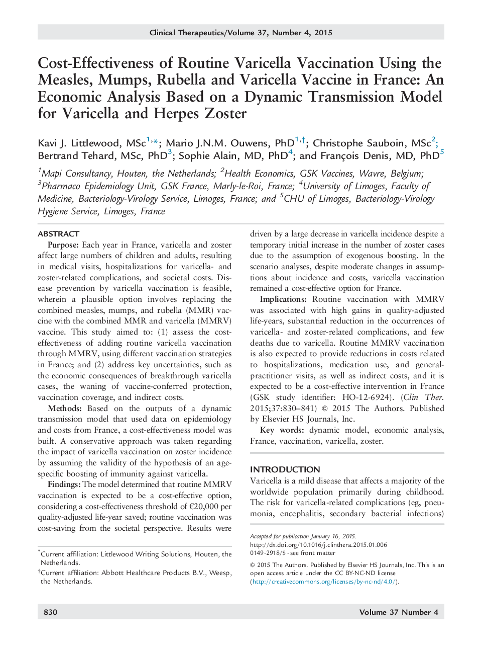 Cost-Effectiveness of Routine Varicella Vaccination Using the Measles, Mumps, Rubella and Varicella Vaccine in France: An Economic Analysis Based on a Dynamic Transmission Model for Varicella and Herpes Zoster