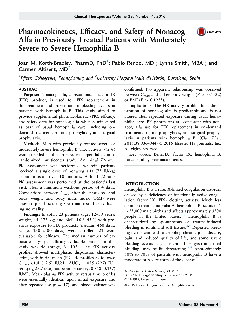 Pharmacokinetics, Efficacy, and Safety of Nonacog Alfa in Previously Treated Patients with Moderately Severe to Severe Hemophilia B