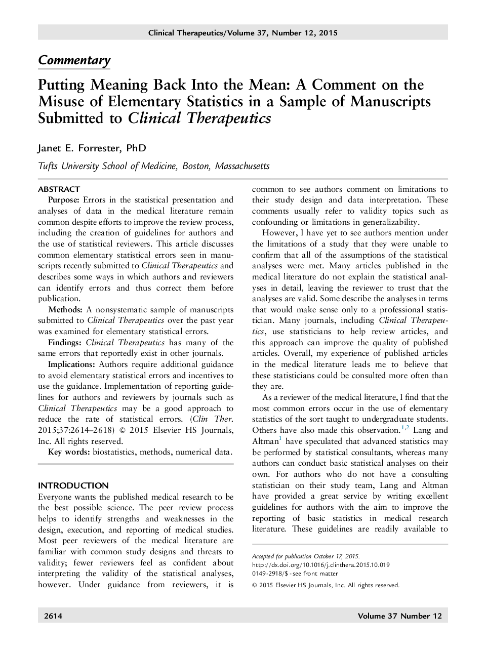 CommentaryPutting Meaning Back Into the Mean: A Comment on the Misuse of Elementary Statistics in a Sample of Manuscripts Submitted to Clinical Therapeutics