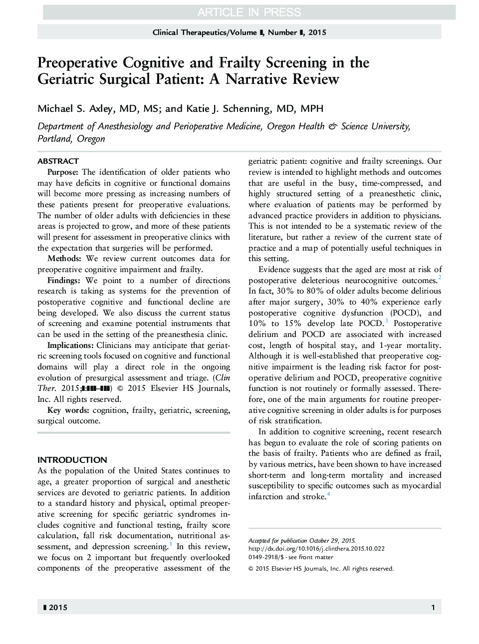 Preoperative Cognitive and Frailty Screening in the Geriatric Surgical Patient: A Narrative Review