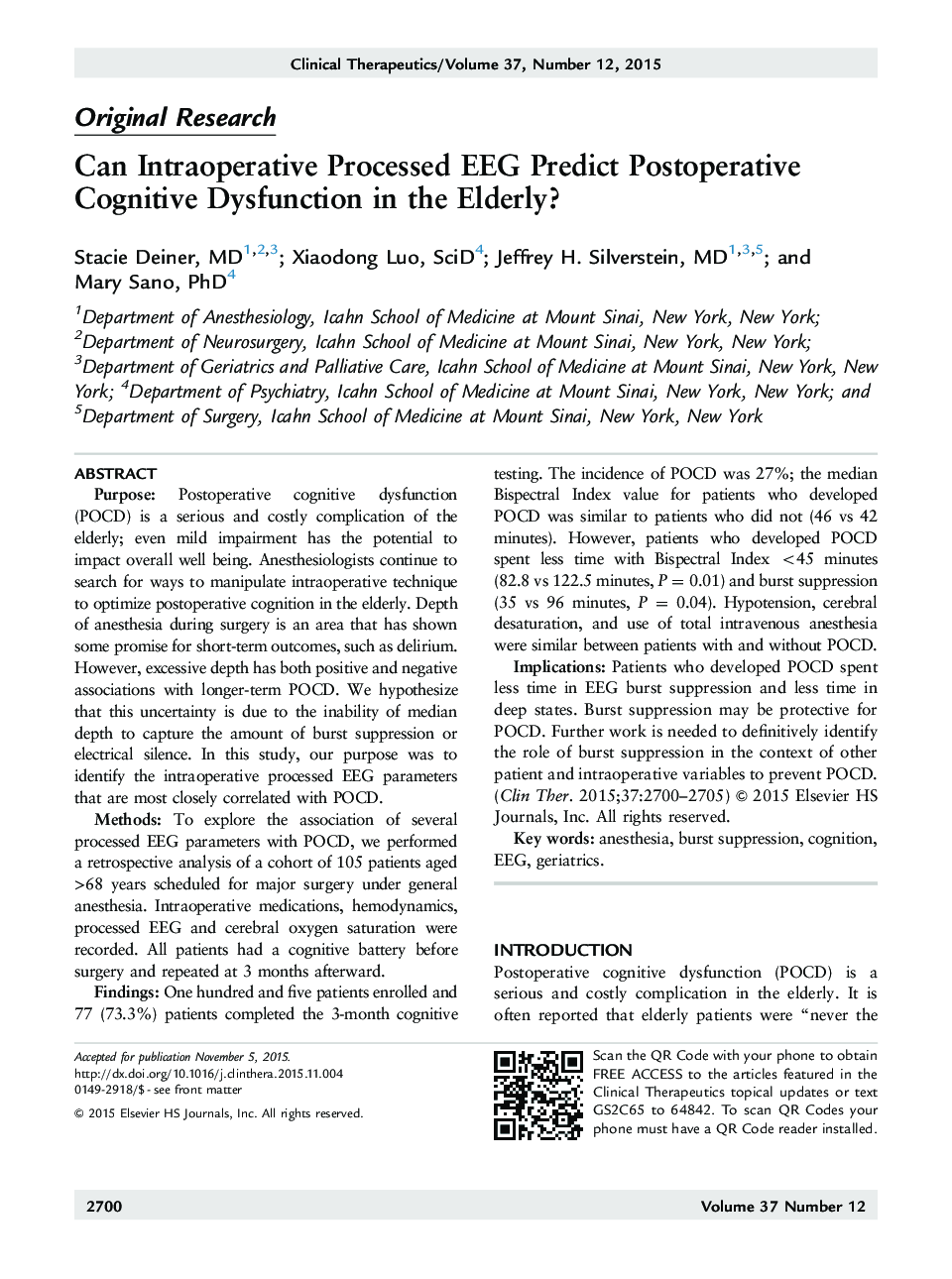 Can Intraoperative Processed EEG Predict Postoperative Cognitive Dysfunction in the Elderly?