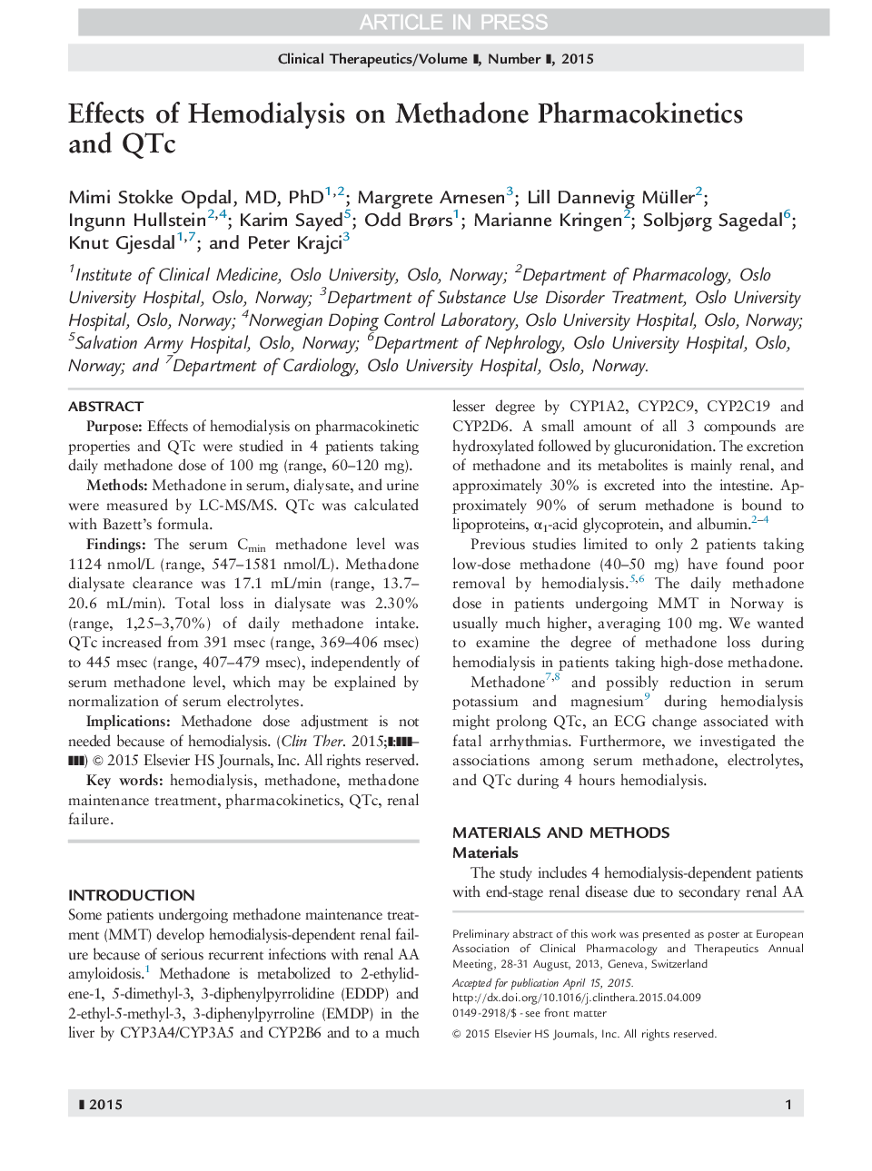 Effects of Hemodialysis on Methadone Pharmacokinetics and QTc