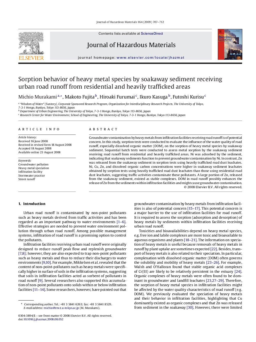 Sorption behavior of heavy metal species by soakaway sediment receiving urban road runoff from residential and heavily trafficked areas