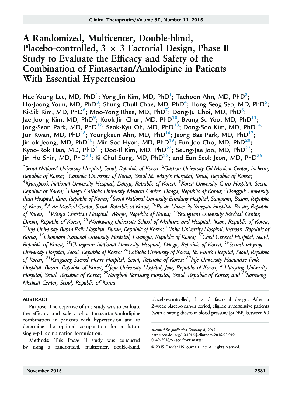 A Randomized, Multicenter, Double-blind, Placebo-controlled, 3 Ã 3 Factorial Design, Phase II Study to Evaluate the Efficacy and Safety of the Combination of Fimasartan/Amlodipine in Patients With Essential Hypertension