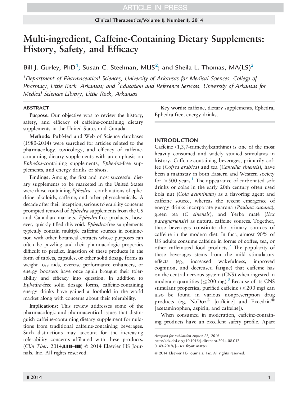 Multi-ingredient, Caffeine-containing Dietary Supplements: History, Safety, and Efficacy